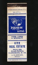 Ark Real Estate Own Your Own Home Clarksburg, WV Vintage Matchbook - £5.28 GBP