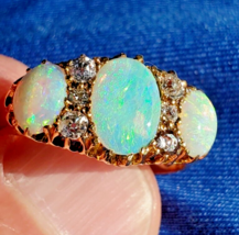 Earth mined Opal Diamond Deco Engagement Ring Antique Victorian 18k Gold setting - $3,776.25