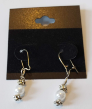 Silver Tone With Large Pearl Bead Dangle Drop Earrings - £5.41 GBP