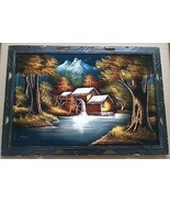 Wood Framed Fabric Painting Art Picture Tree Forest Mountain Water Wheel... - £11.86 GBP