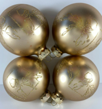Vintage 4 Gold w Gold Glitter Glass Christmas Ball Ornaments - £18.23 GBP