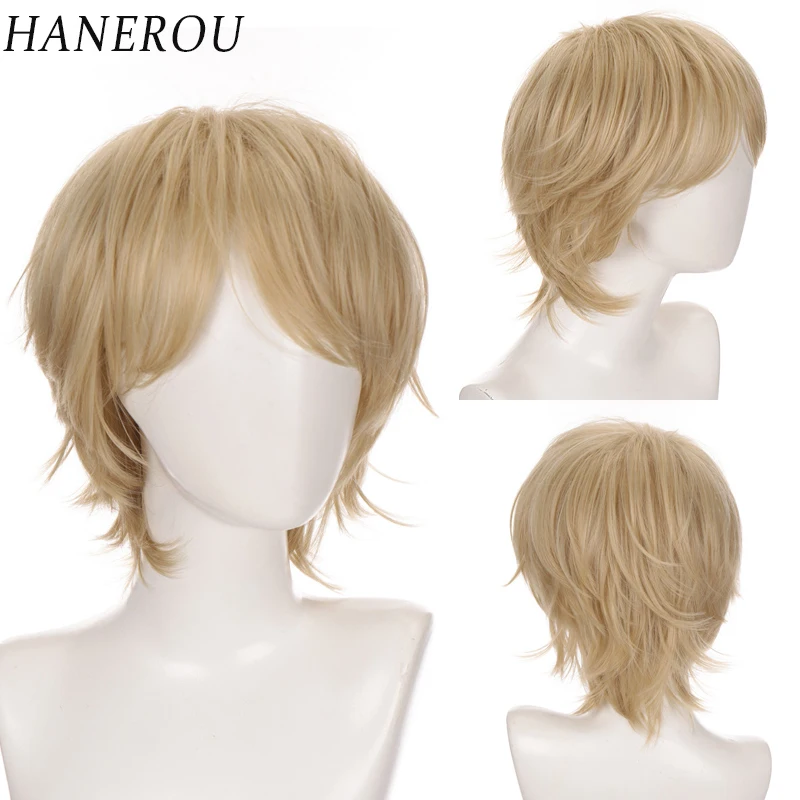 HANEROU Synthetic Wig Men Short Straight Blonde Hair Wig for Anime Cosplay Daily - £12.67 GBP