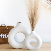 Cucumi Ceramic Vase Set Of 2, White Vases For Decor, Round Hollow Pampas Grass - £25.56 GBP