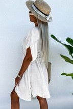 White Pom Pom Trim Drawstring Crochet Waist Beach Kimono - $17.01