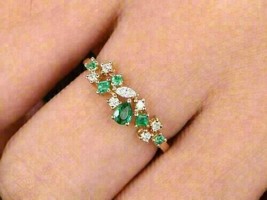 1.20Ct Pear Green Emerald Half Eternity 14K Yellow Gold Finish Engagement Ring - £118.90 GBP