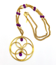 Gold Tone Lavender Beaded Avon Circle Pendant Necklace - £14.20 GBP