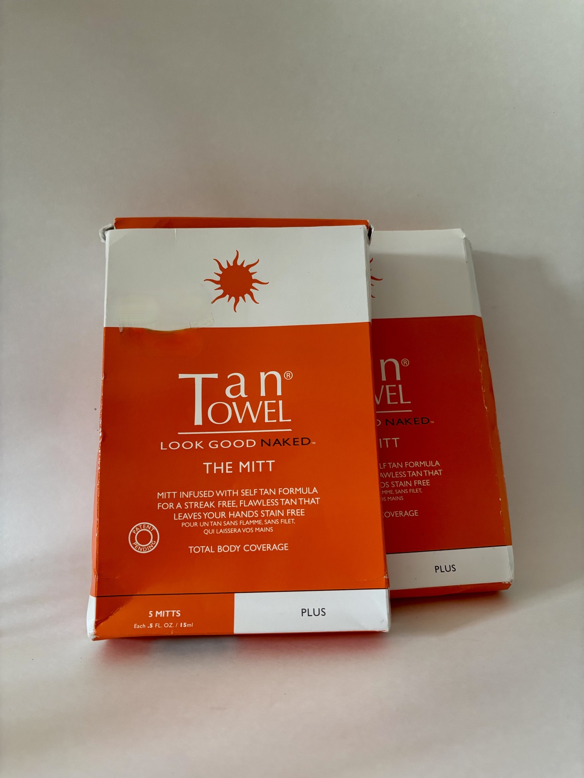 Lot of 2 Tan Towel Look Good Naked The Mitt, 5 Mitts,Boxed - $30.00