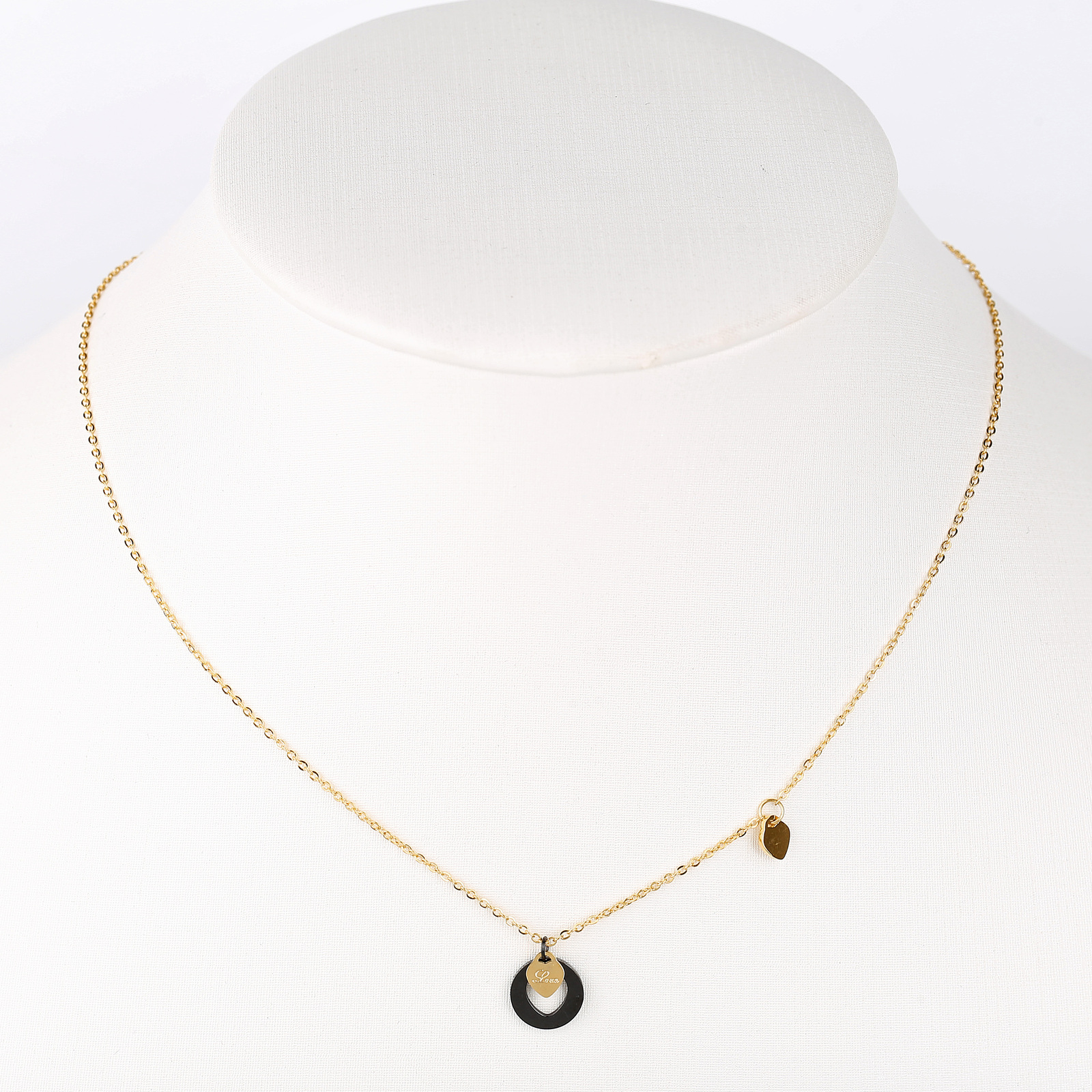 Gold Tone Necklace With Jet Black Heart Cut Out Pendant & Charm