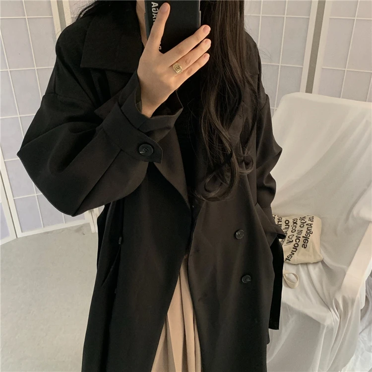 Korean Style Loose Oversized Long &#39;s Trench Coat Double-Breasted Belted Lady Clo - £263.24 GBP