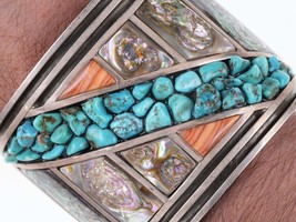 7.5&quot; Large Native American Sterling/turquoise pebbles Spiney oyster/abalone cuff - $935.55