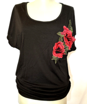 Lavish Black black T-shirt Size M Embroidered Rose Dolman short sleeve top - £7.07 GBP