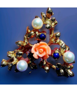 Coral Pearls Lapis Brooch Floral ORIGINAL Design Deco SOLID 14K GOLD 11.... - $2,180.25