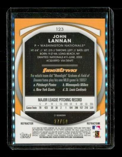 2010 Topps Finest Gold Refractor #123 John Lannan 27/50 Nationals Baseball Item image 2