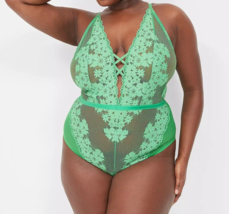 Lane Bryant CACIQUE Fishnet Lace Deep V-Neck Bodysuit KELLY GREEN Plus 2... - $58.91