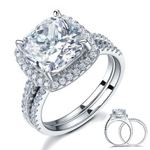 5Ct Halo Cushion Created Diamond 2Pcs Engagement Ring Set 14k White Gold Plated - £95.56 GBP