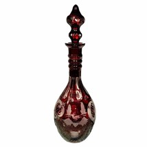 Ruby Red Czech Bohemian Etched Cut to Clear Glass Decanter w/ Stopper - £152.75 GBP