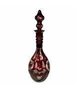 Ruby Red Czech Bohemian Etched Cut to Clear Glass Decanter w/ Stopper - £152.40 GBP