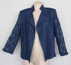 Chico&#39;s 1 M 8 10 Navy Blue Sheer Lace 3/4 Sleeves Open Front Zip Pockets... - $22.77