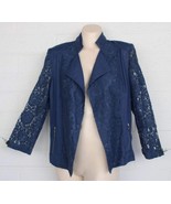 Chico&#39;s 1 M 8 10 Navy Blue Sheer Lace 3/4 Sleeves Open Front Zip Pockets... - $22.77