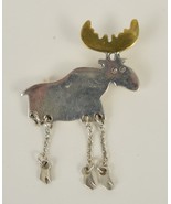 Moose Pin Brooch .925 Sterling Silver dangling Chain Legs Gold Vermil Me... - $53.79 CAD