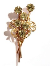 Vintage 1950s Gold Floral Brooch Pin, Green Rhinestone Bouquet, 2.5&#39;&#39; - £22.19 GBP