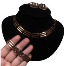 vintage copper set necklace 14” bracelet 7” clip on eqrrings Not Signed - £58.99 GBP