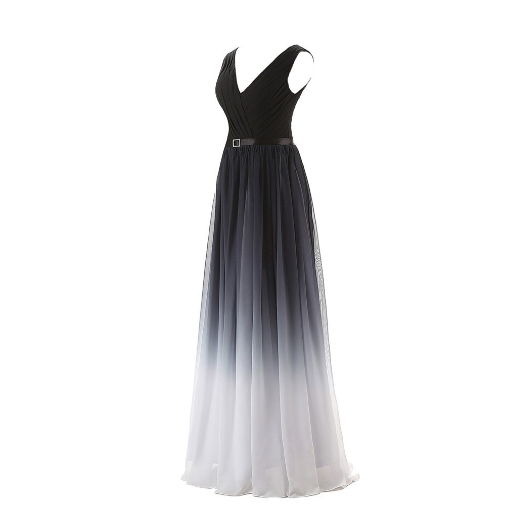 Kivary? Black V Neck Sash Gradient Ombre Chiffon Long Formal Prom Evening Dresse