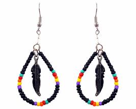 Native American Inspired Teardrop Shaped Seed Beaded Hoop Metal Feather Charm Da - £11.86 GBP