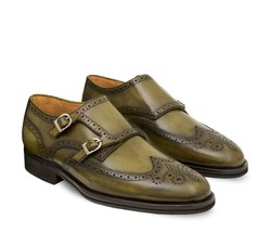 New Monk Handmade Leather Olive Green color Wing Tip Brogue Shoe For Men&#39;s - $159.00