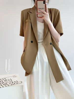 Women&#39;s Summer Blazer  Brown Thin Casual Oversize Suit Short Sleeves Slit Jacket - £273.16 GBP