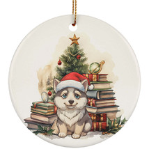 Funny Siberian Husky Dog And Book Pine Tree Christmas Ornament Ceramic Gift - £11.83 GBP