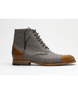 NEW Handmade Men&#39;s Gray Tan Leather Fabric boot, Men Cap Toe lace up Ank... - £121.93 GBP