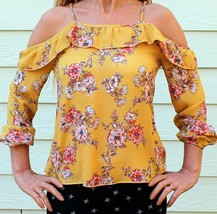 RUE21 Yellow Floral Open Shoulder Ruffles Elastic Sleeve Blouse Top Straps Xs S - $2.96