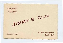 Jimmy's Club Card Rue Huyghens Paris France 1950's - $21.78