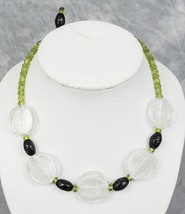 Vintage Black Green Clear Glass Bead Necklace Costume Jewelry 1950s 1960s jds2 - £30.36 GBP
