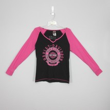 Harley Davidson Long Sleeve Shirt Salem Oregon Juniors Lg Black Pink Thumbhole - £12.06 GBP