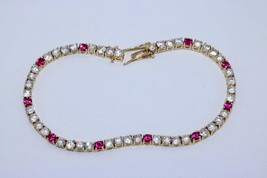 Fine 14K Yellow Gold Clear &amp; Red Stone Tennis Bracelet 7&quot; - £530.00 GBP