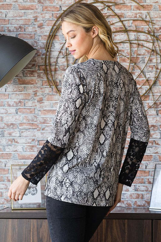 Heimish Full Size Snakeskin Print Round Neck Lace Contrast Top Item image 2