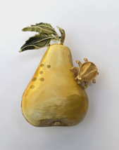 LJM Laurentian VTG Signed Enamel Brooch Pear With Figural Beetle 2&quot; Gold... - £11.13 GBP