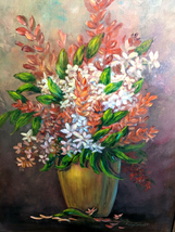 Vtg Signed Large Still Life Floral Flowers in vase Art Oil Painting On Canvas - £119.67 GBP