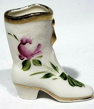 Hand painted White Porcelain High Shoe Boot Gold trim Pink flowers Vintage - $7.99
