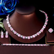 4pcs Luxury Pink Cubic Zirconia Stone Wedding Bridal Necklace Earrings Ring Brac - £58.12 GBP