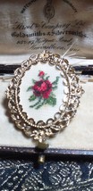 Vintage 1980-s Handmade Framed Red/Green Point/Embroidery Floral BROOCH - £22.07 GBP