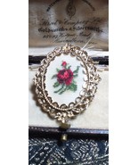 Vintage 1980-s Handmade Framed Red/Green Point/Embroidery Floral BROOCH - £21.96 GBP