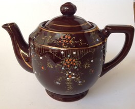 Teapot Japan Porcelain Hand Painted Colorful Raised Design Brown Glaze V... - £15.77 GBP
