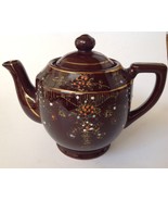 Teapot Japan Porcelain Hand Painted Colorful Raised Design Brown Glaze V... - £15.80 GBP