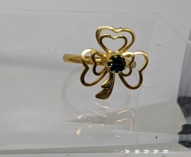 Vintage lacey Shamrock ring adjustable green Rhinestone Old Stock New Ir... - $11.88