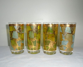 Georges Briard Europa Highball Glasses 22K Gold Yellow Green Mosaic Vintage - £31.16 GBP