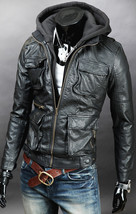MEN&#39;S HANDMADE DETACHABLE FABRIC HOODED LEATHER JACKET, BIKER LEATHER JA... - $143.99