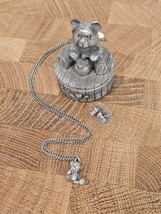 Pewter Teddy Bear on Stump - Small Trinket Box w/ Necklace &amp; Earrings! - $19.34